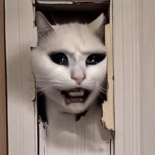 Johnny sadcatmeme, broken wall|door, :d, face only  <lora:HereIsJohnny:1> <lora:SadCatMeme_V10:1>