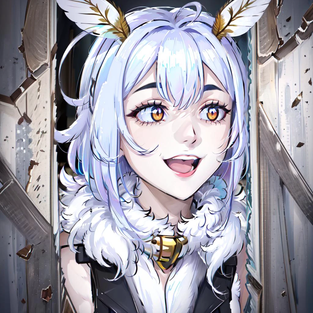 Highly detailed, High Quality, Masterpiece, beautiful, Johnny:1.5, <lora:HereIsJohnny:1>, broken wall, moth girl, moth wings, neck fur, antennae, <lora:Char_Moth_Moth:0.7>, :d, face only