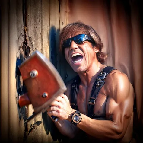 8k,masterpiece,high quality, highres, absurdres, ultra-detailed,intricate,
( JohnnysVictim:1.1), <lora:HereIsJohnny:1>, broken wall,against wall, screaming, crying, tears, axe,
takuya , sunglasses,bdsm, <lora:takuya-last-LoHa:0.8>