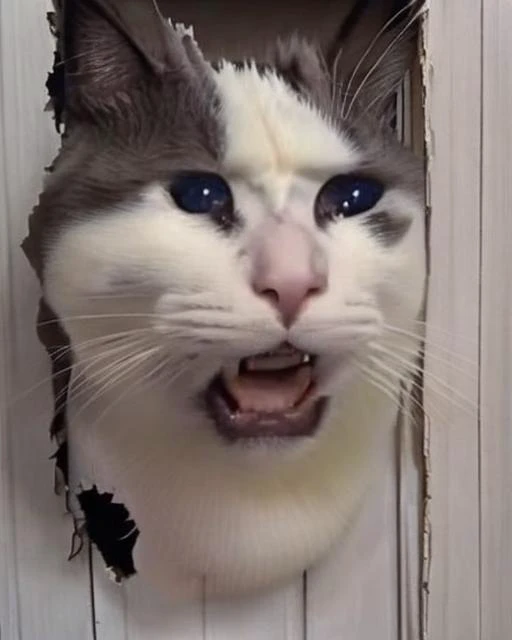 Johnny sadcatmeme, broken wall|door, :d, face only <lora:HereIsJohnny:1> <lora:SadCatMeme_V10:1>