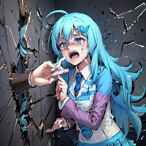 Highly detailed, High Quality, Masterpiece, beautiful, JohnnysVictim, <lora:HereIsJohnny:1>, broken wall, Twitter-chan, hair ornament, white shirt, black long-sleeve shirt, layered sleeves, necktie, blue skirt, black thighhighs, <lora:Char_Meme_Twitterchan:0.8>, tears, crying,