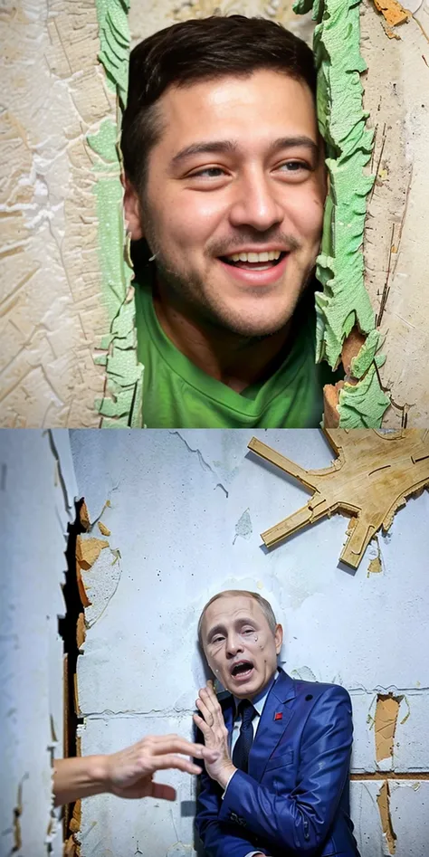(realistic,photo:0.5) <lora:zelensky:0.95>(Johnny, broken wall, face only:1.4)Wrinkles
<lora:HereIsJohnny:1>(zelensky:1)
(Volodymyr Zelensky:1.2),(too much beard,normal mustache,green t-shirt:1.4)(zelensky face,round face,looking right side,sadistic smile:1.6)