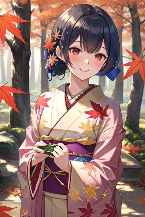 best quality, masterpiece, highres, solo, {morino_rinze_theidolmstershinycolors:1.15}, red_eyes, bangs, blush, black_hair, smile, blue_hair, short_hair, hair_ornament, closed_mouth, 1girl, autumn_leaves, holding, japanese_clothes, kimono, leaf, looking_at_viewer, maple_leaf, upper_body, blurry, box, gift, gift_box, holding_gift, long_sleeves, obi, sash, wide_sleeves