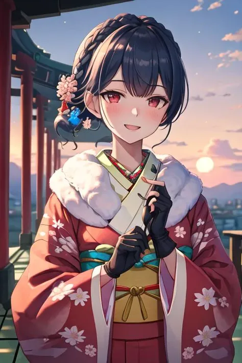 best quality, masterpiece, highres, solo, {morino_rinze_theidolmstershinycolors:1.15}, red_eyes, bangs, blush, black_hair, smile, blue_hair, short_hair, hair_ornament, closed_mouth, 1girl, black_gloves, braid, floral_print, flower, fur_trim, gloves, hair_flower, japanese_clothes, kimono, looking_at_viewer, open_mouth, blurry, dark_blue_hair, fingerless_gloves, sash, upper_body, blurry_background, long_sleeves, obi, outdoors, sidelocks, sunset