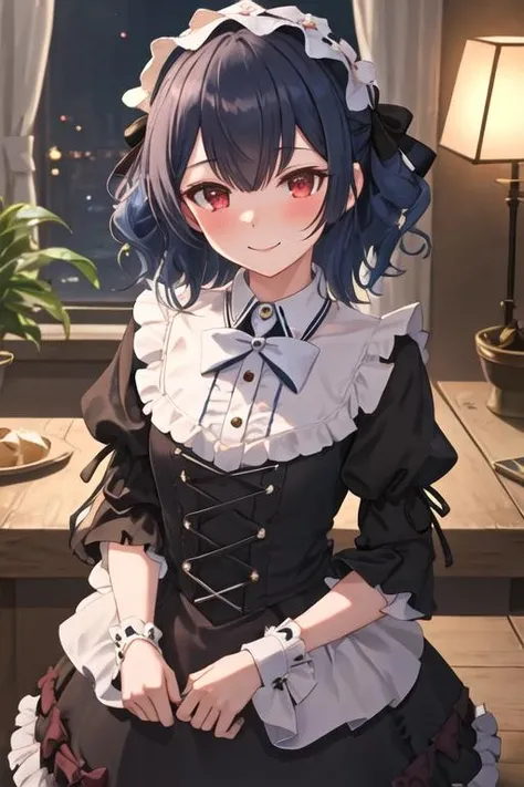 best quality, masterpiece, highres, solo, {morino_rinze_theidolmstershinycolors:1.15}, red_eyes, bangs, blush, black_hair, smile, blue_hair, short_hair, hair_ornament, closed_mouth, 1girl, bow, dress, hair_bow, ta_fashion, looking_at_viewer, black_dress, gothic_lolifrills, wrist_cuffs, hair_between_eyes, long_hair