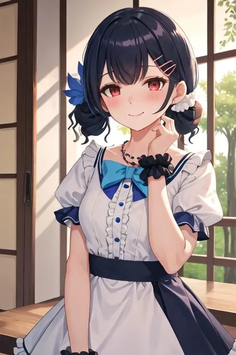 best quality, masterpiece, highres, solo, {morino_rinze_theidolmstershinycolors:1.15}, red_eyes, bangs, blush, black_hair, smile, blue_hair, short_hair, hair_ornament, closed_mouth, 1girl, hairclip, looking_at_viewer, twintails, low_twintails, scrunchie, shirt, blue_shirt, upper_body, hair_scrunchie, necklace, puffy_sleeves, frills, puffy_short_sleeves, short_sleeves, skirt