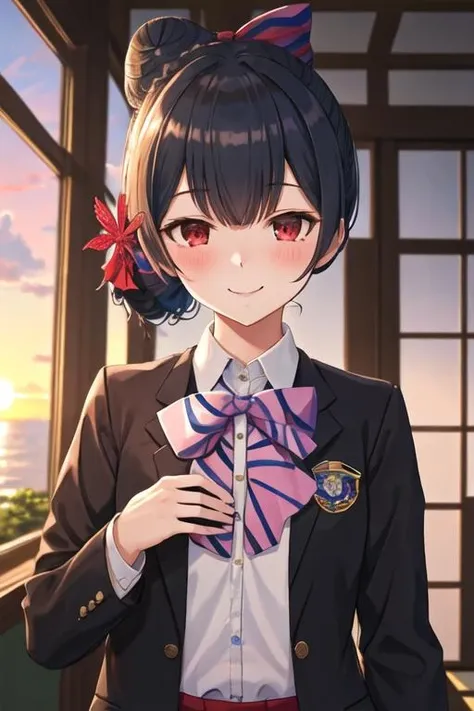 best quality, masterpiece, highres, solo, {morino_rinze_theidolmstershinycolors:1.15}, red_eyes, bangs, blush, black_hair, smile, blue_hair, short_hair, hair_ornament, closed_mouth, 1girl, jacket, long_sleeves, looking_at_viewer, shirt, black_jacket, blazer, bow, bowtie, collared_shirt, hair_ribbon, red_bow, ribbon, school_uniform, white_shirt, blurry, hair_bun, sunset, upper_body