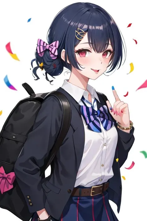 best quality, masterpiece, highres, solo, {morino_rinze_theidolmstershinycolors:1.15}, red_eyes, bangs, blush, black_hair, smile, blue_hair, short_hair, hair_ornament, closed_mouth, 1girl, bow, hair_bow, hairclip, looking_at_viewer, nail_polish, shirt, white_shirt, one_side_up, striped, white_background, bag, bowtie, collared_shirt, facial_mark, heart, jacket, long_sleeves, multicolored_nails, striped_bow, tongue, tongue_out, belt, blue_skirt, bracelet, skirt, star_\(symbol\), open_clothes, sailor_collar, simple_background, :q, backpack, blue_nails, confetti, hair_between_eyes, multicolored_hair, school_uniform, v