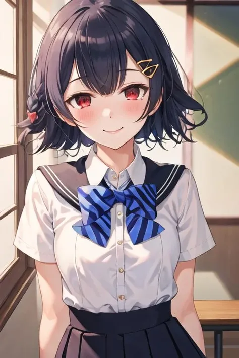 best quality, masterpiece, highres, solo, {morino_rinze_theidolmstershinycolors:1.15}, red_eyes, bangs, blush, black_hair, smile, blue_hair, short_hair, hair_ornament, closed_mouth, 1girl, bow, hair_bow, hairclip, looking_at_viewer, one_side_up, shirt, striped, striped_bow, white_shirt, medium_hair, blurry_background, bowtie, sailor_collar, school_uniform, upper_body