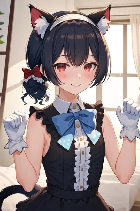 best quality, masterpiece, highres, solo, {morino_rinze_theidolmstershinycolors:1.15}, red_eyes, bangs, blush, black_hair, smile, blue_hair, short_hair, hair_ornament, closed_mouth, 1girl, animal_ears, black_hairband, bow, cat_ears, hair_between_eyes, hair_bow, hairband, looking_at_viewer, low_twintails, twintails, frills, gloves, hands_up, polka_dot, shirt, sleeveless, animal_ear_fluff, black_shirt, polka_dot_bow, sleeveless_shirt, brown_bow, collared_shirt, red_bow, upper_body