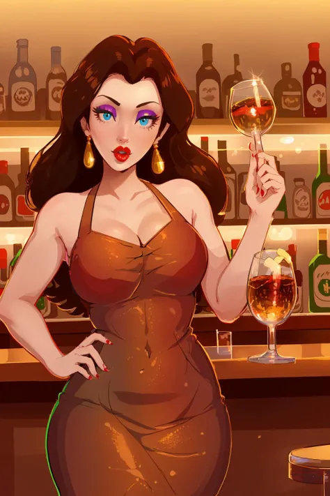 (<lora:Pauline-10:1>, pauline_\(mario\), blue_eyes, brown_hair, red_dress, red_lips, eyeshadow, lips), large breasts, in a bar