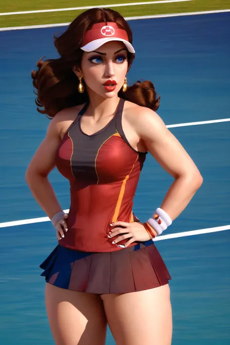 (<lora:Pauline-10:1>, pauline_\(mario\), blue_eyes, brown_hair, red_lips, eyeshadow, lips), perfect anatomy, detailed lighting, tennis court, sports outfit, hands on hips