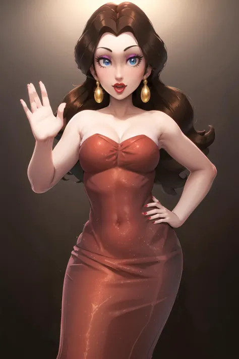 (<lora:Pauline-10:1>, pauline_\(mario\), blue_eyes, brown_hair, long hair, (red_dress), strapless dress, red_lips, eyeshadow, lips), (waving at viewer:1.25), (hand on hip:1.2), happy, concept art, (medium breasts, cleavage), detailed lighting, perfect anatomy, detailed face, vivid colors, simple background, dark background