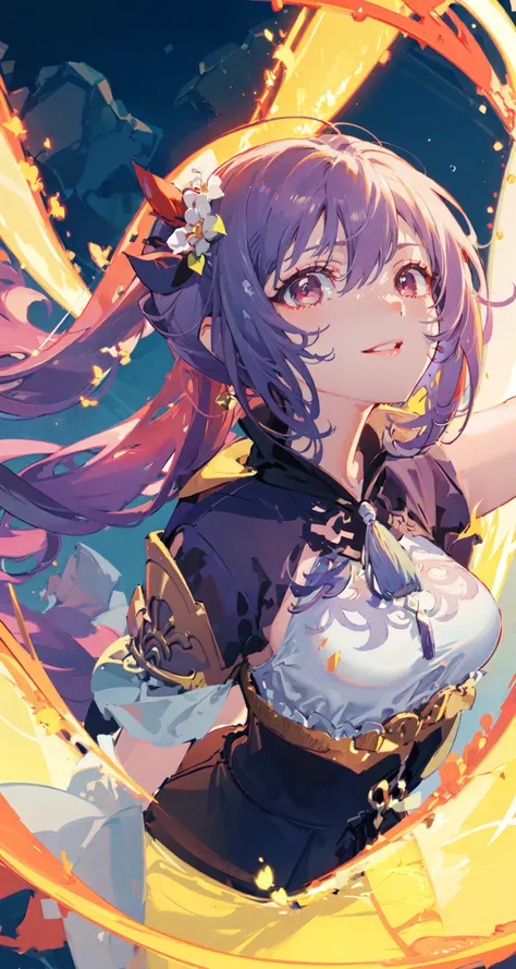 vvi(artstyle), 2girl, solo, keqing (opulent splendor) (genshin impact), keqing (genshin impact), official alternate costume, dress, cone hair bun,jewelry, parted lips, looking at viewer, portrait,earrings, red orange hair, hair between eyes, upper body,very long hair, low twintails, bangs, smile, street background,floating hair,hair ornament,night light, latent, ruins, bridge, river, hair flower, facing viewer, arms behind back, close-up, <lora:yoneyamaMaiStyle:0.7>,<lora:keqingGenshinImpact:0.9>,cloudy,gradient cloud color,splash art