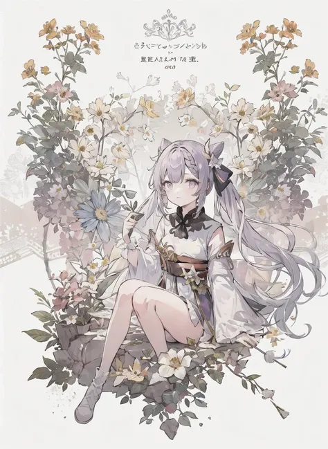 masterpiece, best quality, 1girl, solo, looking_at_viewer, closed_mouth, lineart, <lora:animeLineartMangaLike_v30MangaLike:0.9>, yellow flower, <lora:Colorwater_v4:0.5>, <lora:keqingGenshinImpact3in1_v10:0.5>, keqing (genshin impact), hair bun, purple hair, twintails, purple eyes, diamond-shaped pupils, hair ornament, cone hair bun, long hair, double bun, bangs, bow, hair flower, hair bow, hair ribbon,