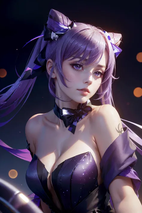 <lora:keqingGenshinImpact3in1_v10:1>, ((photorealistic)), (masterpiece, top quality, best quality, light relflection in his eyes, 1girl, woman), keqing (opulent splendor) (genshin impact), keqing (genshin impact), official alternate costume, dress, cone hair bun, night, strapless dress, looking at viewer, long hair, cleavage, black dress, hair bun, strapless, bare shoulders, purple hair, bangs, bow, detached collar, purple eyes, diamond-shaped pupils, ribbon, double bun, twintails, two-tone dress, medium breasts, hair ornament, black bow, hair ribbon, blue dress, bowtie, hair between eyes