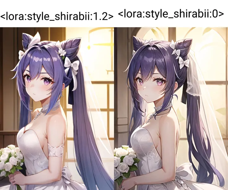 1girl, from side, standing, looking at viewer, pov, closeup, upper body,
<lora:keqingGenshinImpact3in1_v10:0.6>keqing (genshin impact), hair bun, purple hair, twintails, purple eyes, diamond-shaped pupils, hair ornament, cone hair bun, long hair, double bun, bangs, bow, hair flower, hair bow, hair ribbon
(white wedding dress:1.3), wedding ring, bridal veil, white dress, white gown, very long dress,
<lora:add_detail:0.2>
<lora:style_shirabii:1.2>