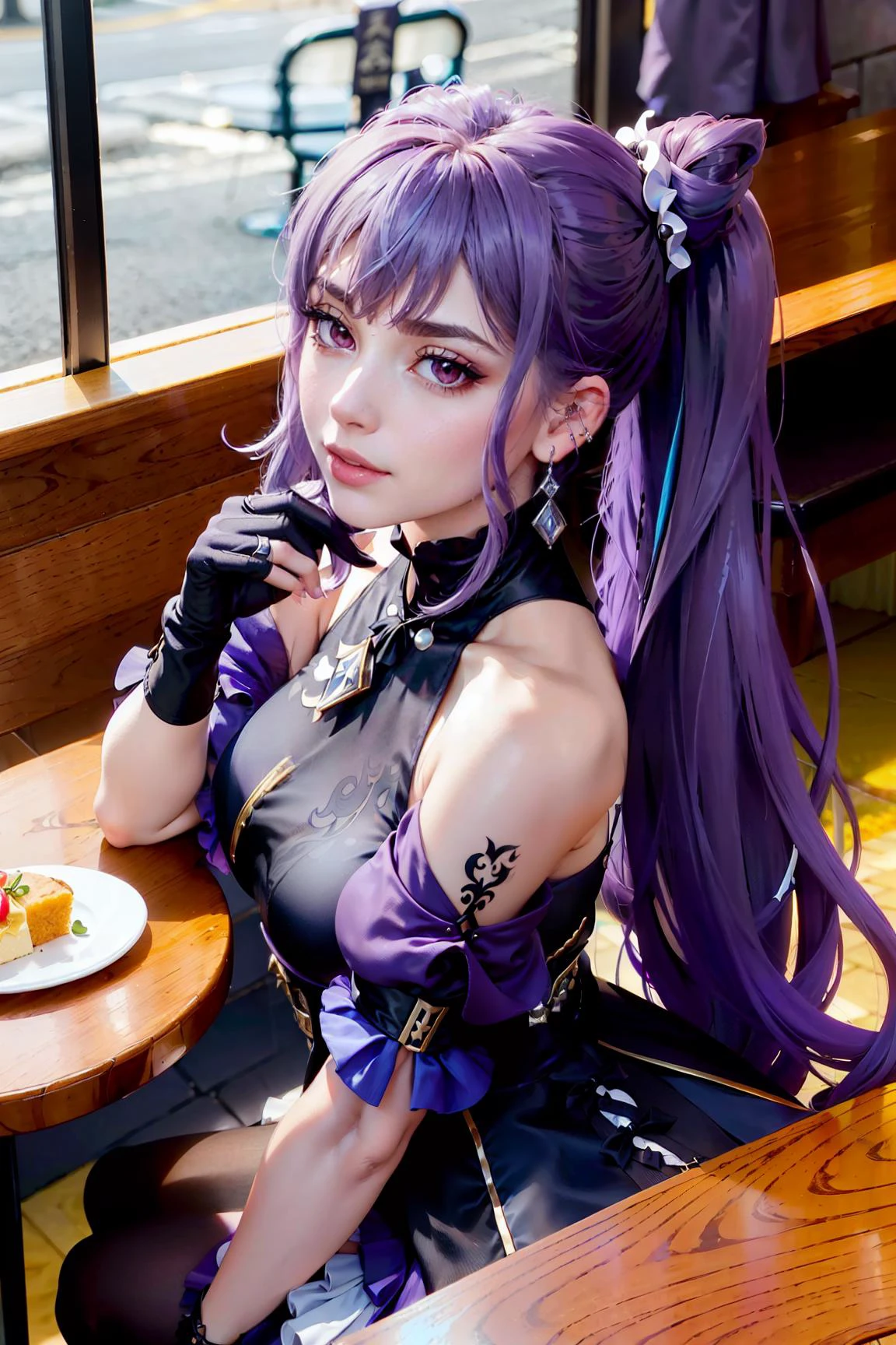 (photorealistic, pov across table:1, table, solo, masterpiece, top quality, best quality, 1 woman), restaurant, food, cafe, smile, flirting, keqing (piercing thunderbolt) (genshin impact), keqing (genshin impact), pantyhose, hair bun, purple hair, gloves, twintails, long hair, purple eyes, diamond-shaped pupils, bare shoulders, hair ornament, black pantyhose, cone hair bun, detached sleeves, dress, jewelry, medium breasts, earrings, bangs, frills, purple dress, black gloves, braid, skirt <lora:keqingGenshinImpact3in1_v10:0.8>