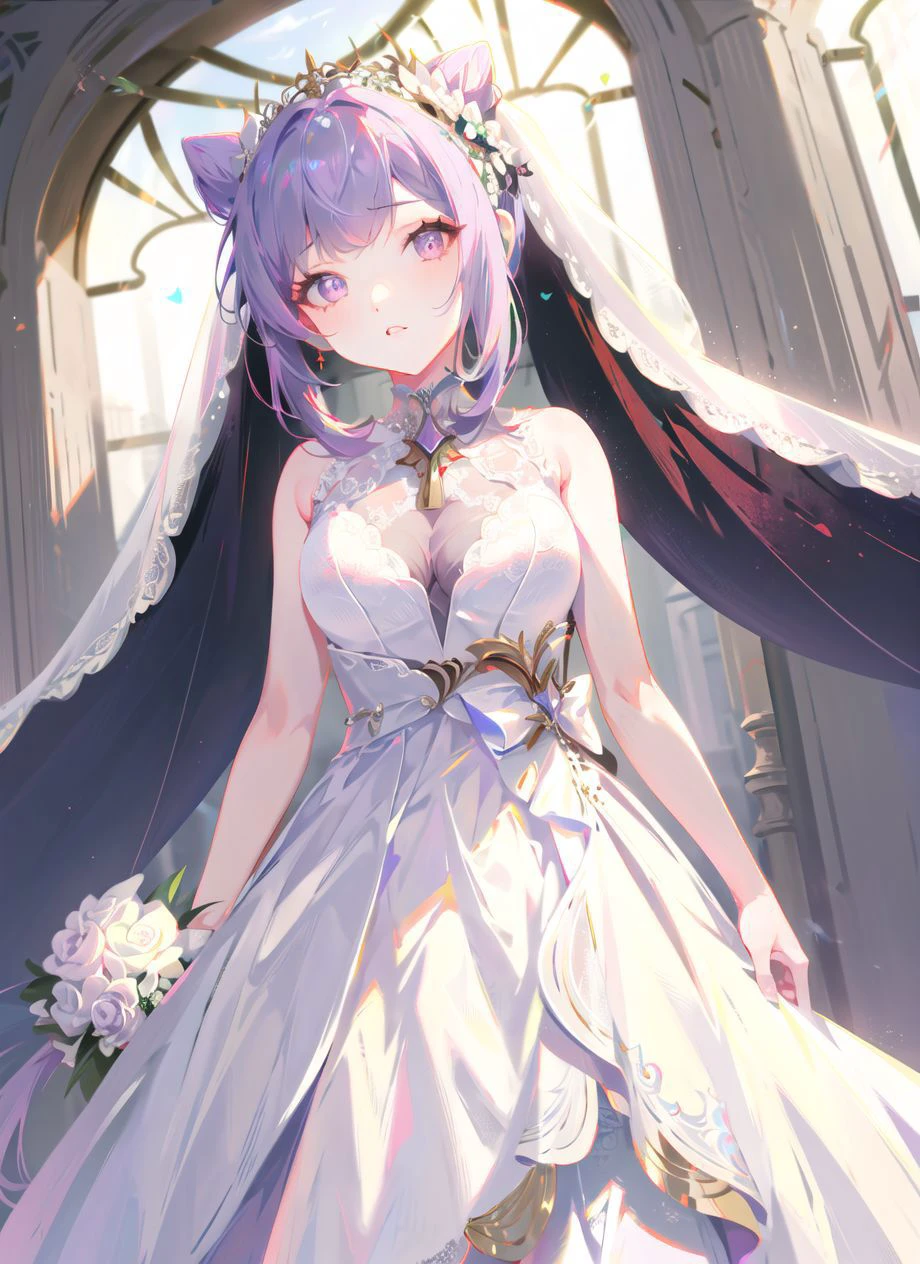 1girl, from below, standing, looking at viewer
<lora:keqingGenshinImpact3in1_v10:0.5:MIDD>keqing (genshin impact), hair bun, purple hair, twintails, purple eyes, diamond-shaped pupils, hair ornament, cone hair bun, long hair, double bun, bangs, bow, hair flower, hair bow, hair ribbon
(white wedding dress:1.3), wedding ring, bridal veil, white dress, white gown, very long dress,
<lora:keqingGenshinImpact3in1_v10:0><lora:SeY-000010:1:OUT8>