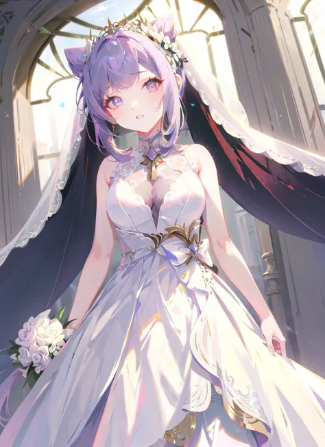 1girl, from below, standing, looking at viewer
<lora:keqingGenshinImpact3in1_v10:0.5:MIDD>keqing (genshin impact), hair bun, purple hair, twintails, purple eyes, diamond-shaped pupils, hair ornament, cone hair bun, long hair, double bun, bangs, bow, hair flower, hair bow, hair ribbon
(white wedding dress:1.3), wedding ring, bridal veil, white dress, white gown, very long dress,
<lora:keqingGenshinImpact3in1_v10:0><lora:SeY-000010:1:OUT8>