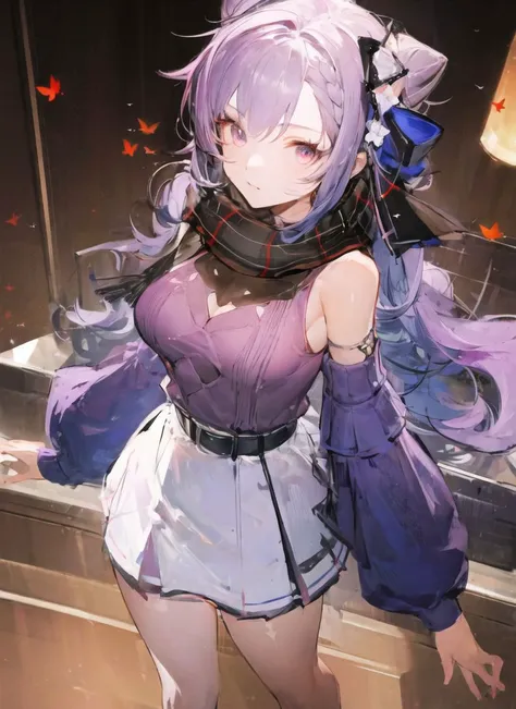 1girl, from above, standing, looking at viewer, full body,
<lora:keqingGenshinImpact3in1_v10:1>keqing (lantern rite) (genshin impact), keqing (genshin impact),
hair bun, skirt, scarf, purple sweater, white skirt, purple hair, sweater, twintails, purple eyes, diamond-shaped pupils, hair ornament, bare shoulders,
breasts, cone hair bun, long hair, belt, double bun, long sleeves, bangs, bow, hair flower, hair bow,ribbon, hair ribbon, braid, plaid scarf, plaid, off shoulder <lora:add_detail:0.2>
butterflies, birds
<lora:style_Liduke:1.4>