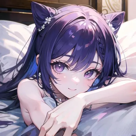 <lora:keqing>,looking at viewer, purple eyes, extremely beautiful detailed eyes,lying flat on bed,pillow,upper body, smile,close-up, purple hair, purplr bunches,necklace, flat chest, 
(masterpiece:1,2), best quality, masterpiece, highres, original, extremely detailed wallpaper, perfect lighting,(extremely detailed CG:1.2)
NSFW