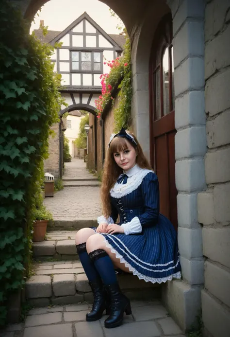 <lora:majaxl:1>, (lovely gothiclolita) young woman, curvy, wearing Timeless gothiclolita costume, blue pinstripe dress with lace collar, thigh-high stockings, Victorian boots, lace shawl with scalloped edges, set in medieval Cobbled Street, Narrow pathway lined with quaint, timber-framed buildings, hanging flower baskets adorning windowsills, ivy crawling up stone walls, wooden barrels overflowing with vibrant flowers, a stray cat lounging under a shady archway , at sunset