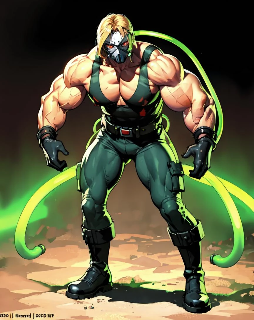 full body, photo of a (girl:1.4), (black mask,white symbolic in it), gas mask, red glowing eyes, bob cut, blonde,
(muscular:1.26), (huge breast:1.2),
black tank top, black gloves, Tactical Belt, black cargo pants, boots,
green thick (veins:1.25), green glowing (tubes on arm and head:1.34), tubes,
(combat_pose),
Horror Genre, (Ominous and haunted farmstead),
intricate details, (highly detailed, best quality, realistic:1.4) <lora:bulkedupAI_bulkedupAIR15:0.3> <lora:BaneDcComicsLora:0.74>