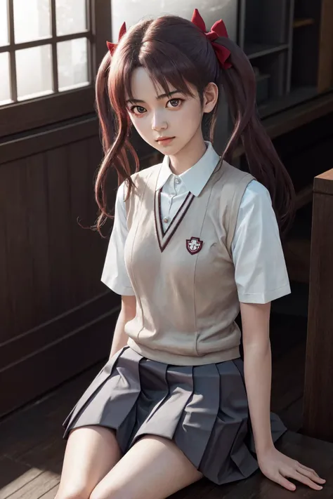 masterpiece, best quality, highres, 1girl hair bow, tokiwadai school uniform <lora:shirai_kuroko:1> photorealistic, sitting