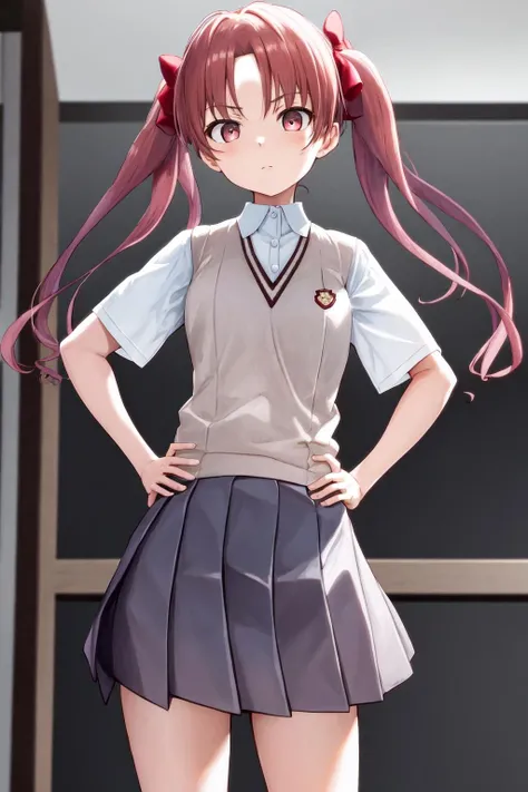 masterpiece, best quality, highres, 1girl hair bow, tokiwadai school uniform <lora:shirai_kuroko:1> hand on hip, standing