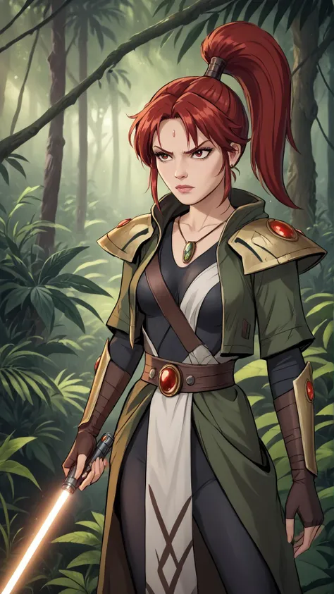 <lora:YrlietPony:0.8> YrlietRT, 1girl, ponytail, red hair, jewelry, armor, pendant, v-shaped eyebrows, outdoors, jungle, <lora:RealisticAnime:0.5> (ultra realistic, 32k, masterpiece:1.2), (high detailed skin:1.1), (high quality:1.1), bokeh, luminescent background, <lora:LightSaberP1:0.5> zzLightSaber, score 9, score 8 up, score 7 up, score 6 up, score 5 up, score 4 up, BREAK,