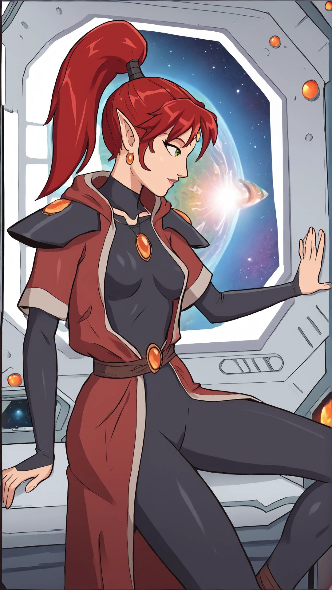 <lora:YrlietPony:0.8> YrlietRT, 1girl, ponytail, red hair, window, galaxy, space, spacecraft, jewelry,, score 9, score 8 up, score 7 up, score 6 up, score 5 up, score 4 up, BREAK,