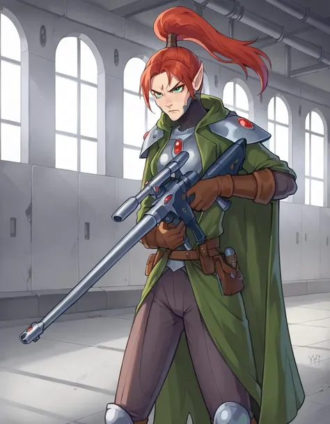 1girl,solo,yrlietrt, <lora:YrlietPony:0.85>,Armor,pants,gloves,cape,high ponytail,elf,standing,scowling,holding sniper rifle,action shot,in metal factory,indoors,industrial area,steel mill