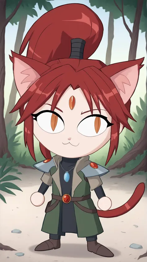 <lora:YrlietPony:0.8> YrlietRT, 1girl, ponytail, red hair, jewelry, armor, pendant, eyebrows, outdoors, jungle, <lora:necoarccon-guy-PONYv1:0.8> necoarccon, chibi, slit pupils, cat ears, :3, solo,, score 9, score 8 up, score 7 up, score 6 up, score 5 up, score 4 up, BREAK,