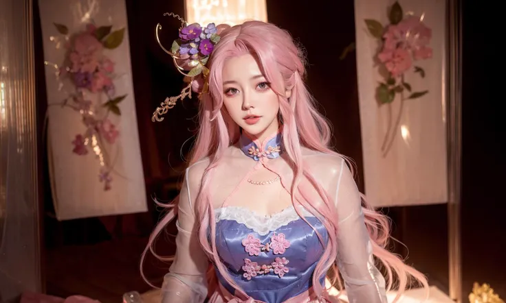 <lora:WangZhaojunQQZQ:1>,ulzzang-6500-v1.1,(raw photo:1.2),((photorealistic:1.4))best quality ,masterpiece, illustration, an extremely delicate and beautiful, extremely detailed ,CG ,unity ,8k wallpaper, Amazing, finely detail, masterpiece,best quality,official art,extremely detailed CG unity 8k wallpaper,absurdres, incredibly absurdres, huge filesize, ultra-detailed, highres, extremely detailed,beautiful detailed girl, extremely detailed eyes and face, beautiful detailed eyes,light on face,cinematic lighting,1girl,see-through,looking at viewer,outdoors, (jewelry), necklace, pink_eyes,hair_ornament, hair_flower, (depth_of_field)