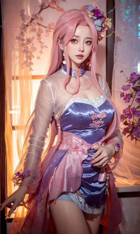 ulzzang-6500-v1.1,(raw photo:1.2),((photorealistic:1.4))best quality ,masterpiece, illustration, an extremely delicate and beautiful, extremely detailed ,CG ,unity ,8k wallpaper, Amazing, finely detail, masterpiece,best quality,official art,extremely detailed CG unity 8k wallpaper,absurdres, incredibly absurdres, huge filesize, ultra-detailed, highres, extremely detailed,beautiful detailed girl, extremely detailed eyes and face, beautiful detailed eyes,light on face,cinematic lighting,1girl,see-through,looking at viewer,outdoors, (jewelry), necklace, pink_eyes,hair_ornament, hair_flower, chain, <lora:wangZhaojunsSkinInHonorOf_wangZhaojunsSkin:1>,