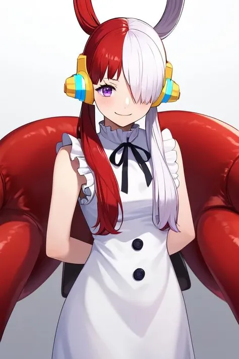 ((masterpiece)), (best quality), highres, ultra-detailed,
one piece, uta, 1girl, animal ears, bare arms, center frills, dress, frills, gradient, hair over one eye,  head wings, headphones, long hair, multicolored hair, neck ribbon, purple eyes, red hair, ribbon, sleeveless, smile, solo, white hair,
<lora:Uta:0.8>