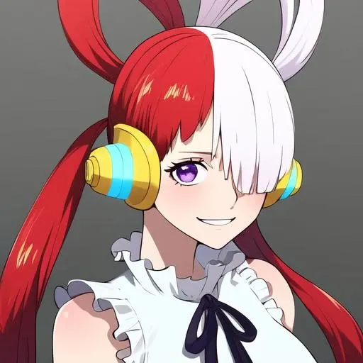 ((masterpiece)), (best quality), highres, ultra-detailed,
one piece, uta, 1girl, animal ears, bare arms, center frills, dress, frills, gradient, hair over one eye,  head wings, headphones, long hair, multicolored hair, neck ribbon, purple eyes, red hair, ribbon, sleeveless, smile, solo, white hair,  <lora:Uta:1>