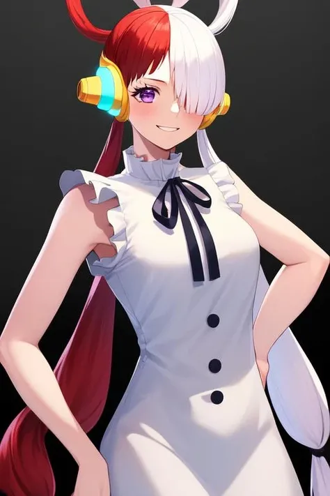 ((masterpiece)), (best quality), highres, ultra-detailed,
one piece, uta, 1girl, animal ears, bare arms, center frills, dress, frills, gradient, hair over one eye, head wings, headphones, long hair, multicolored hair, neck ribbon, purple eyes, red hair, ribbon, sleeveless, smile, solo, white hair, <lora:Uta:1>