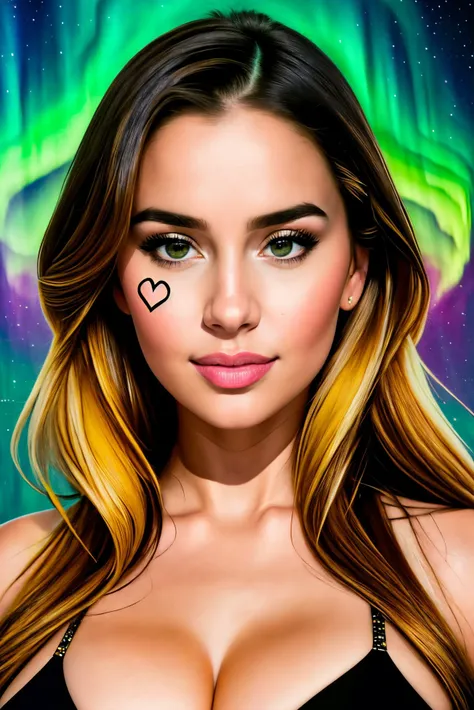 cheek heart right outline black, sexy face, spy, middle shot, detailed background,
([Emilia( :0)Clarke|foxy alissa|Ana( :0)de( :0)Armas]:0.9), wearing sleefest,
Arctic tundra and northern lights display, basety style,ivan kovalev style,
[cartoon, anime :realistic, real life, hyper realistic:0.20],
beautiful young woman, symmetrical face,  fit, illuminated,
suicidegirl
<lora:electra_heart:0.90>