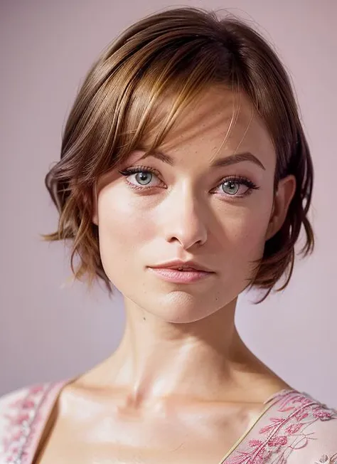 portrait of Olivia Wilde, surprised , wearing embroidered , with pink Shag haircut , background camp epic (photo, studio lighting, hard light, sony a7, 50 mm, matte skin, pores, colors, hyperdetailed, hyperrealistic), <lyco:Olivia Wilde:1.1>
