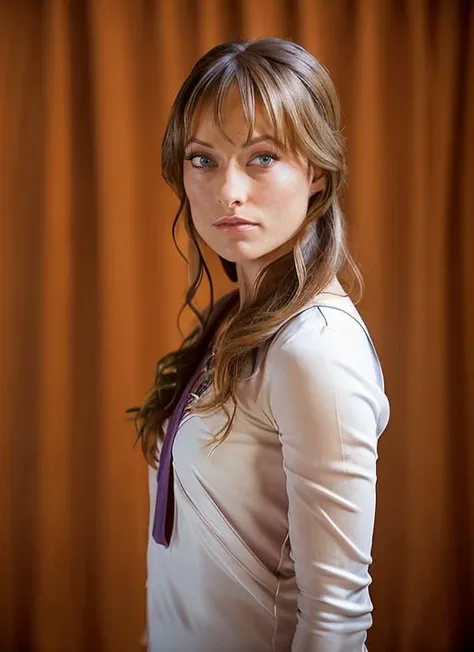 portrait of Olivia Wilde, flustered , wearing designer wear , with dark blonde Updo , background cosmic epic (photo, studio lighting, hard light, sony a7, 50 mm, matte skin, pores, colors, hyperdetailed, hyperrealistic),<lyco:Olivia Wilde:1.1>