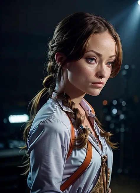 portrait of Olivia Wilde, flustered , wearing designer wear , with dark blonde Updo , background cosmic epic (photo, studio lighting, hard light, sony a7, 50 mm, matte skin, pores, colors, hyperdetailed, hyperrealistic),<lyco:Olivia Wilde:1.1>