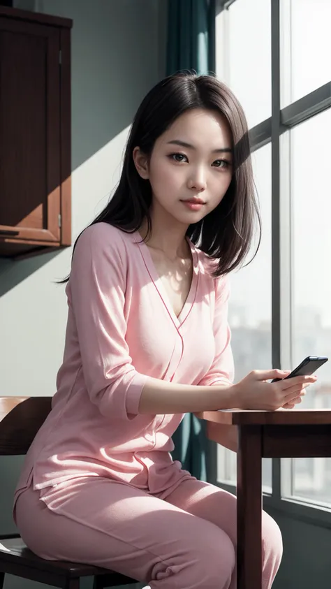 Asian young female student looking at smartphone while sitting at the kitchen table, in the style of romantic soft focus and ethereal light, Chinese, Wear pink loungewear, The expression is confused, pure white background, graceful, gentleness, Symmetrical beauty, unique beauty, thin face, make - up picture, business picture, business, medical beauty industry advertising map, beautiful and novel shooting angle, professional portrait lighting, studio lighting, wearing simple clothes, business sense, professional photography, extremely detailed, ultra hd, max detail, sharpen, sharp details, amazing quality, incredibly detailed, negative space, hyperdetailed, Textured skin, 4k, super detail