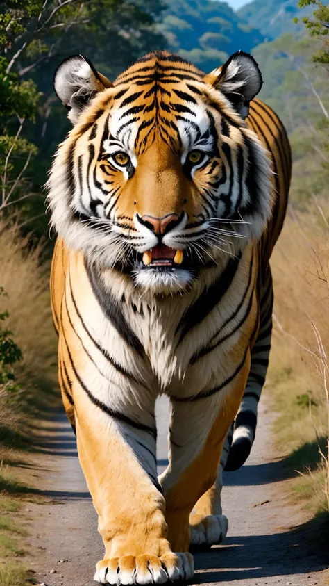 A tiger walking in the wild, look at viewer,angry