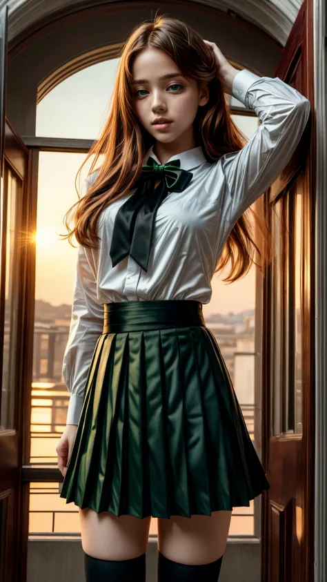 4k, high-res, (masterpiece:1.3), best quality, finely detailed skin, (cinematic lighting), soft lighting,1girl with long straight red hair with her hands behind her back wearing school uniform with (((long knee length green pleated skirt))) and an (((untied black tie))), beautiful, with the camera view upwards pointing to her face, with sensual pose and tender face, with background of a school, in a sunset, with soft lights, lots of detail in her skin and hair, beautiful eyes, blue eyes. sensual face <lora:more_details:1>