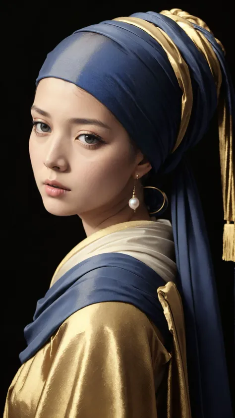 (Girl with a Pearl Earring by Johannes Vermeer:1.1), CCindyJaneDoe looking back at the viewer over her left shoulder, (((plain headwrap))), simple background, Studio lighting, (High quality, Highly detailed, Sharp focus, 8K UHD, Hasselblad H6D-50c, Art photography), pure black background, hanfu, black clothes,