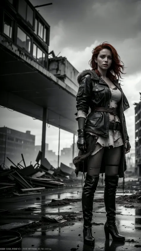 cinematic photo Professional, hyper-realistic, gorgeous, b&w photo of a woman, dressed with rags in a post-apocalyptic,destroyed scenario. red hair, dirty. Background full of ruins. . 35mm photograph, film, bokeh, professional, 4k, highly detailed