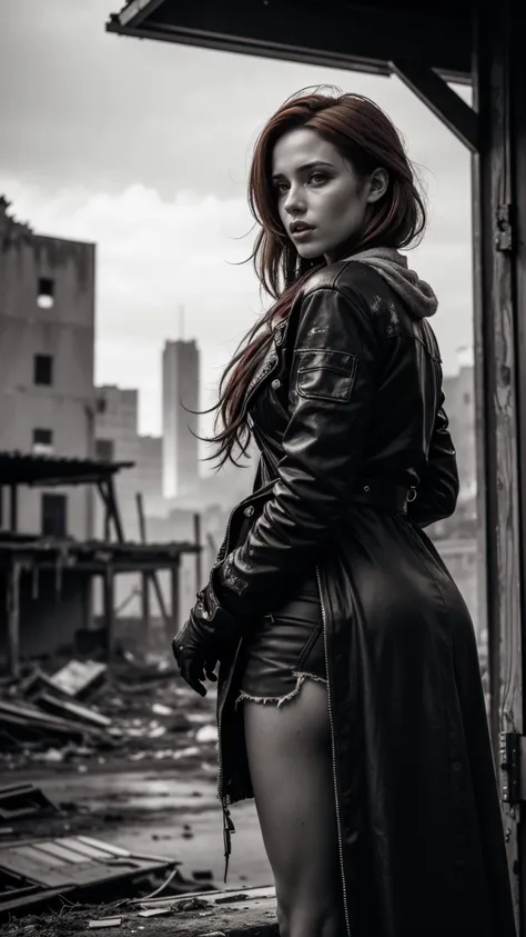 cinematic photo Professional, hyper-realistic, gorgeous, b&w photo of a woman, dressed with rags in a post-apocalyptic,destroyed scenario. red hair, dirty. Background full of ruins. . 35mm photograph, film, bokeh, professional, 4k, highly detailed