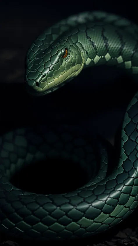 a curled up viper snake, closeup, at night, dark theme, darken, cinematic